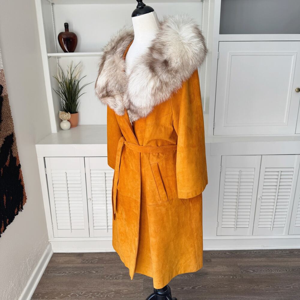 Vintage Rust Burnt Orange Suede Leather Fur Collar Trench Jacket Size M - Picture 4 of 8